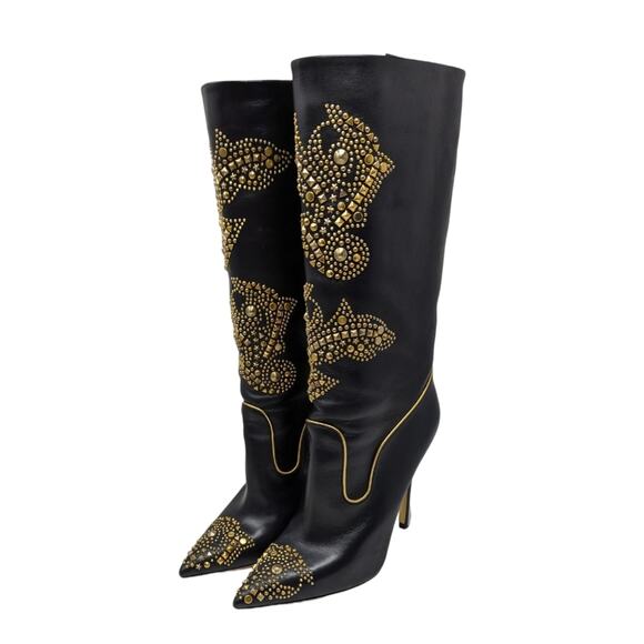 Versace Rare 2013 Western Cowboy Boots Black Leather Gold Studded Heels 40.5 - Picture 3 of 13